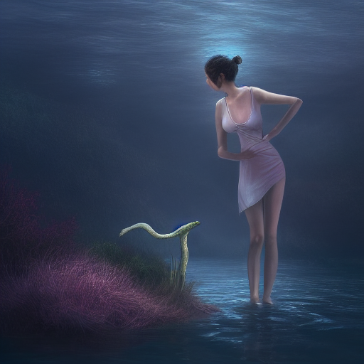 The scientist stands at the edge of the water, looking conflicted as the creature swims around her, its eyes begging for her help.